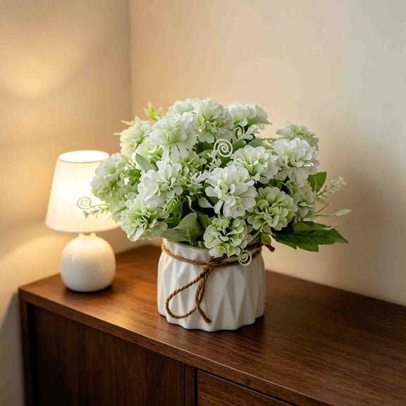 UNLLLL Artificial Hydrangea Potted Plants, Mini Fake Hydrangea Flowers in Pot, Faux Hydrangea Bouquet in Ceramic Vase, for Office Desktop Party Home Wedding Decorations (Green)