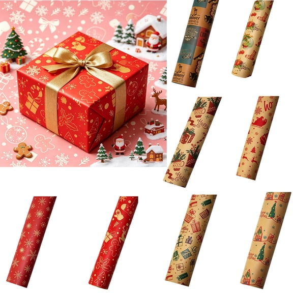 UNLLLL Assorted Christmas Kraft Wrapping Paper Set, Vintage Holiday Gift Wrap, Exquisite Gift Box Wrapping Paper with Snowflake and Gift Box Prints, for Present Wrapping (E)