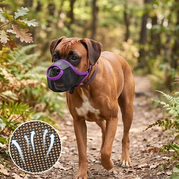UNLLLL Breathable Mesh Dog Muzzle with Secure Strap, Mouth Guard for Biting Barking and Scavenging Control, for Dogs Outdoor Walking (Purple, L)