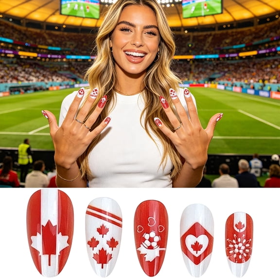 UNLLLL Canada Flag Press on Nails, Short Glossy Reusable Acrylic False Nails with Maple Leaf and Soccer Motifs, for Football Game Days and Fan Manicure (24 Pieces)