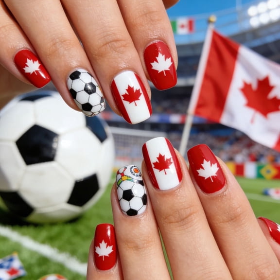 UNLLLL Canada Flag Soccer Press on Nails, Sporty Patriotic Fake Nails with Maple Leaf and Soccer Prints, Short Glossy Reusable Tips, for Game Days and Fan Style (24 Pieces)