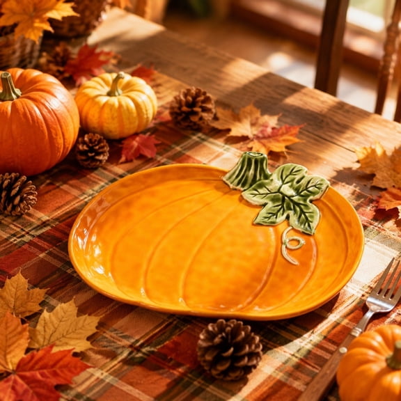 UNLLLL Ceramic Pumpkin Serving Platter, Thanksgiving Harvest Tableware, Large Decorative Plate, Western Style Dinnerware, for Turkey Roast Holiday Gatherings (B)