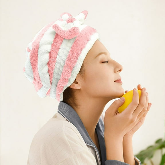 UNLLLL Coral Velvet Bow Tie Hair Dryer Cap Microfiber Absorbent Quick Drying Head Wrap Towel Drying Towel Striped Princess Shower Cap, for Adult or Child