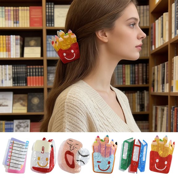UNLLLL Creative Stationery Hair Clips, Cartoon Design Hair Accessories Set, Durable Plastic Clips in Fun Shapes Like Book Pencil and Backpack, for Daily Hairstyling (B)