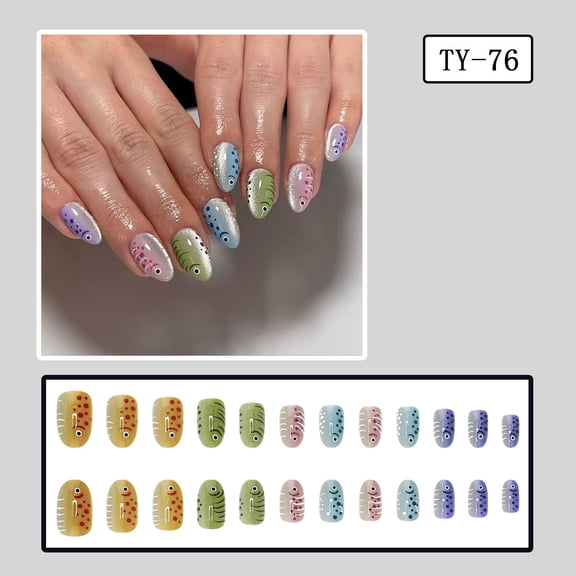UNLLLL Cute Fish Gradient Press on Nails, Short Oval Glossy False Nails with Colorful Fish, Reusable Tips for Summer Style, Daily Commuting and Playful Manicure (24 Pieces)