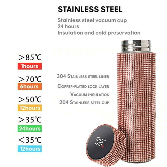 UNLLLL Diamond Thermo Bottle 500ml Water Bottle Stainless Steel Smart Vacuum Flask 1x, for Adults or Kids