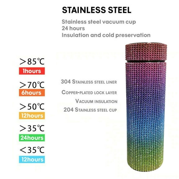 UNLLLL Diamond Thermo Bottle 500ml Water Bottle Stainless Steel Smart Vacuum Flask 1x, for Adults or Kids