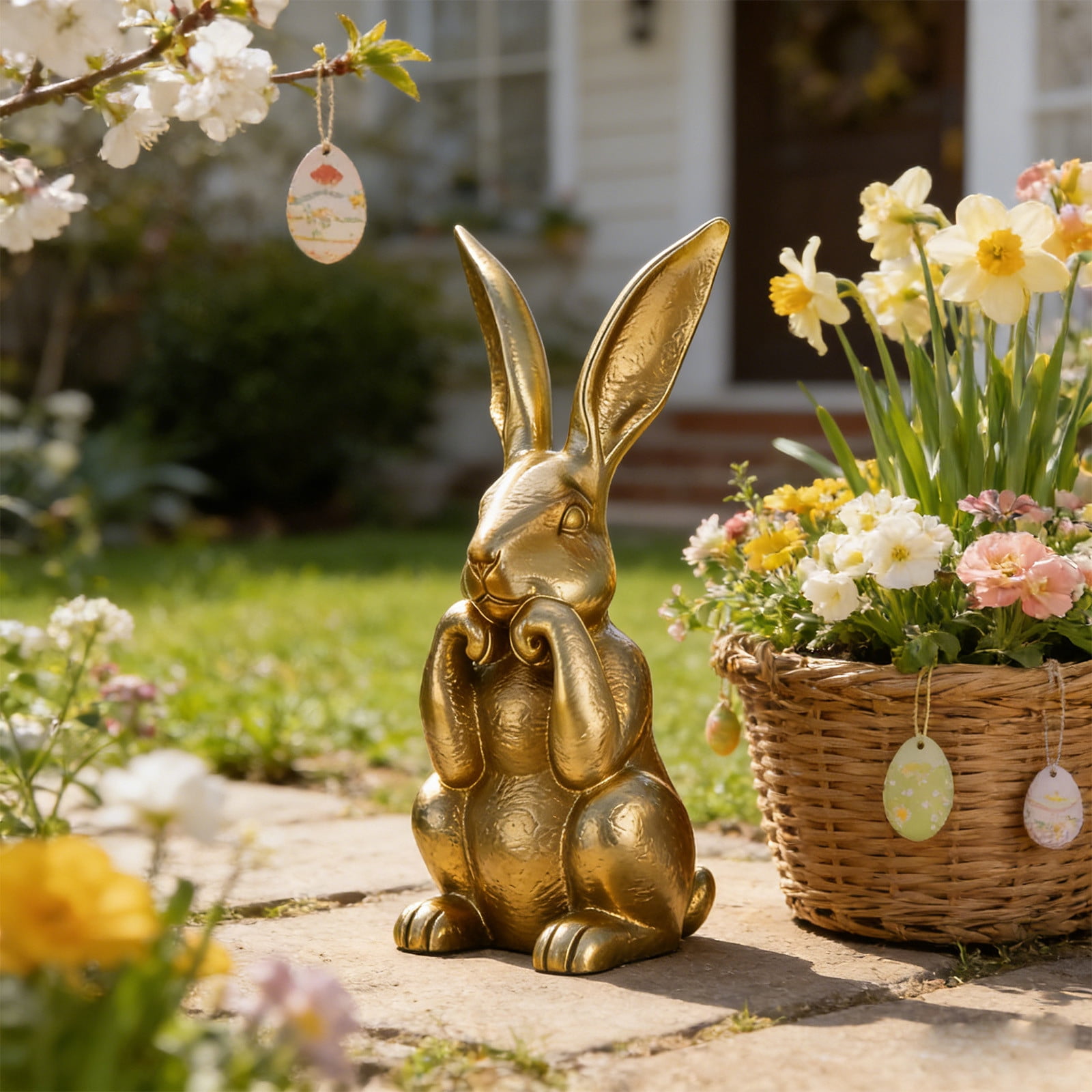 UNLLLL Easter Bunny Figurines Decor, Gold Bunny Statue, 3D Printing Easter Bunny Figurine, Golden Plastic Bunny Decor Rabbit Figurines, for Garden, Table Centerpiece, Easter Decor