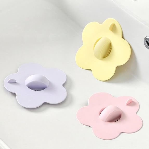 UNLLLL Flower Sink Stopper, Basin Plug with Hair Catcher, Flexible Rubber Drain Strainer Cover, Seals Tightly for Bathroom Washbasin, for Kitchen Sink (Pink)