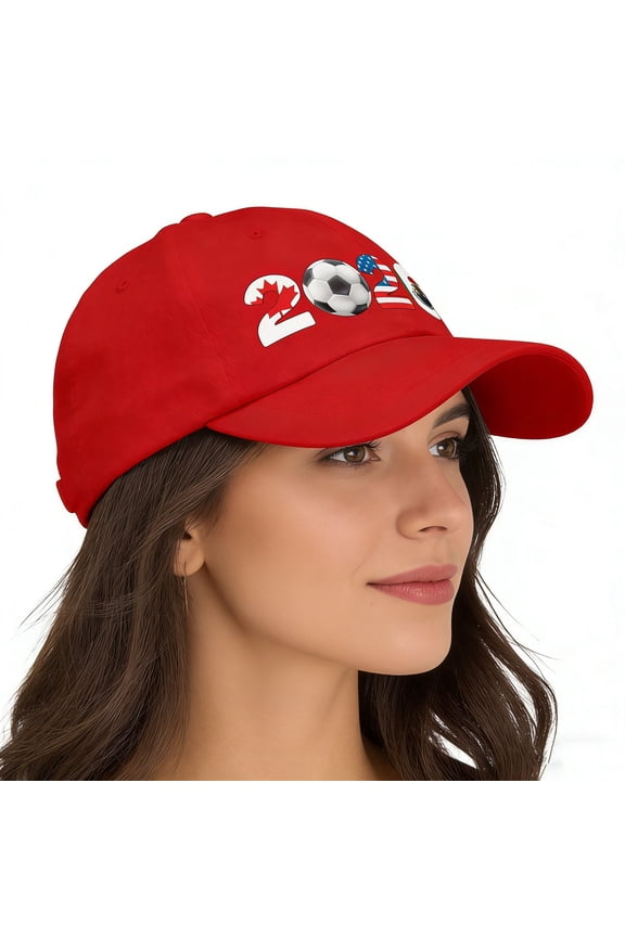 Football Cup Print Hat 2026, USA, CAN, MEX Host Countries Embroidered Baseball Hat, Country Soccer Football Supporters Cap (1 PC, Red)