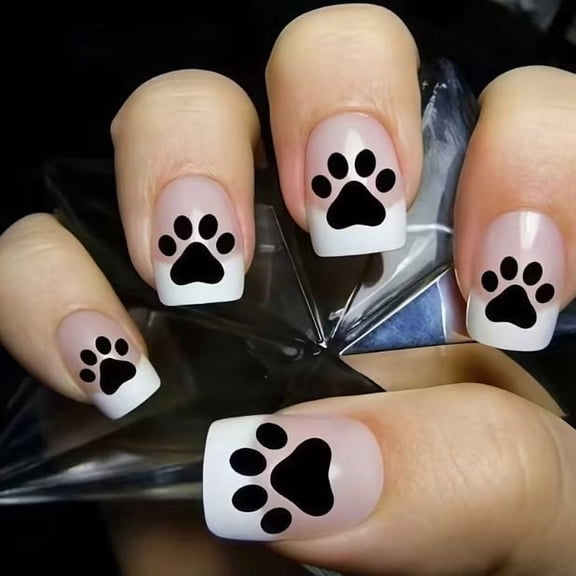 UNLLLL French Cat Paw Short Square Press on Nails, Glossy False Nails with Soft Pearl Craft and Cute Paw Design, Reusable, for Daily Cute and Age Reducing Wear (24 Pieces)