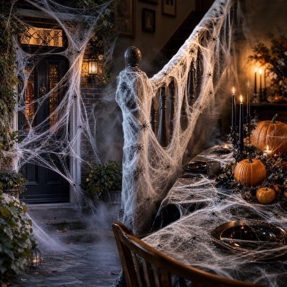 UNLLLL Halloween Decorative Cotton Webs, Silk Spider Web Scene Layout Props, Artificial Cobwebs with Spiders, Stretchy and Easy to Set Up, for Outdoor Escape Room