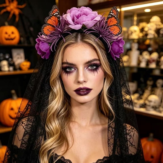UNLLLL Halloween Large Rose Headband with Sheer Overlay, Gothic Bride Hair Accessory, Fancy Dress Costume Prop, for Themed Parties and Events (Purple)