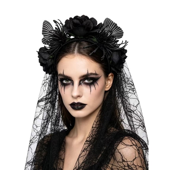 UNLLLL Halloween Large Rose Headband with Sheer Overlay, Gothic Bride Hair Accessory, Fancy Dress Costume Prop, for Themed Parties and Events (Black)