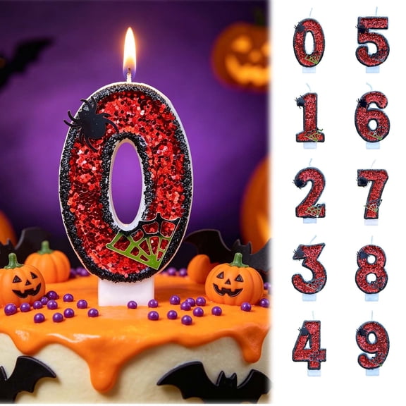 UNLLLL Halloween Number Candles 0 to 9 Set, Glitter Wax Birthday Candles, Spooky Cake Topper with Spider and Web Decor, for Halloween Party Cake Decor (0)