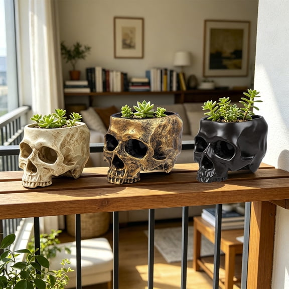 UNLLLL Halloween Resin Skull Flower Pot, Spooky Skeleton Head Planter with Container, Gothic Candy Bowl and Storage Jar, for Home Office Desk Decor (Gold)