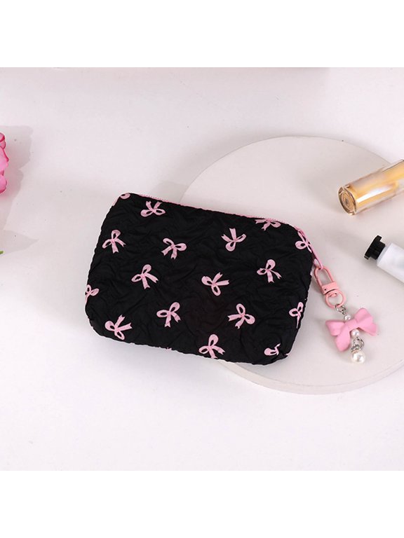 High End Bow Shaped Cosmetic Bag, Small Capacity Lipstick Pouch and Cute Coin Purse, Portable Mini Makeup Organizer with Zipper, for Travel and Daily Carry (Black)
