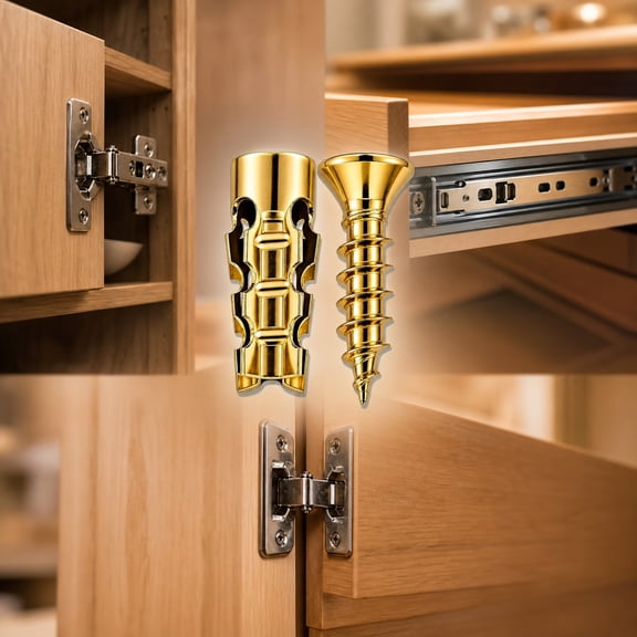 UNLLLL Hinge Repair Screw Expansion Set, Stainless Steel Cabinet Hardware for Stripped Holes, Furniture Door Fix (Gold)