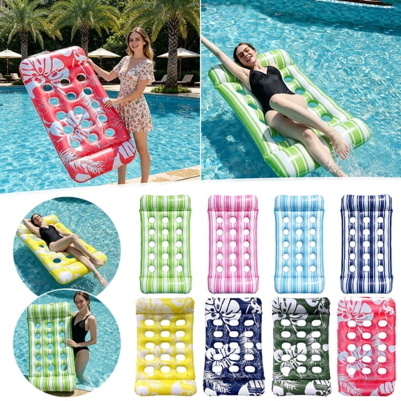 UNLLLL Inflatable Floating Bed with Headrest, Pool Air Mattress Lounger, Durable PVC Striped Pool Float with Drainage Holes, for Swimming Pool Lake Beach Sunbathing (Navy)