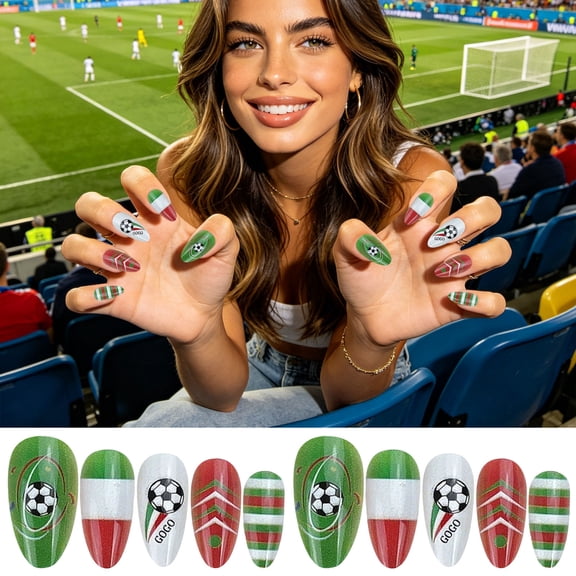 UNLLLL Italy Style Press on Nails, Short Glossy Reusable Acrylic False Nails with Soccer Ball and Flag Motifs, for Football Fan Match Day Manicure (24 Pieces)