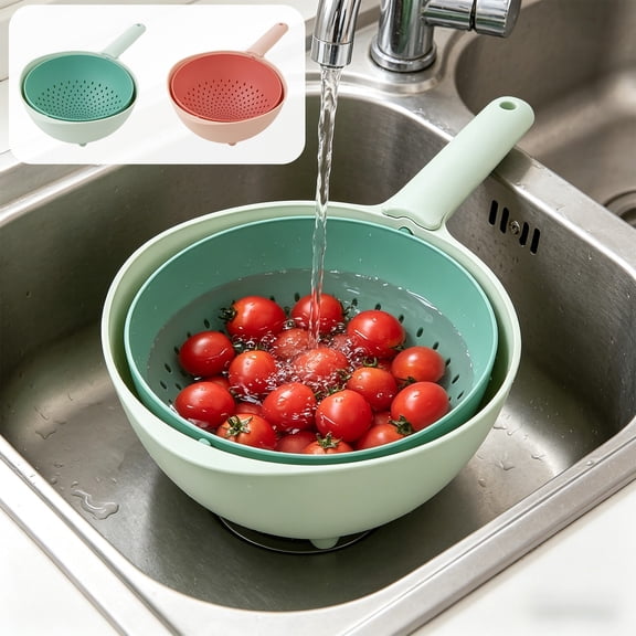 UNLLLL Kitchen Drains Basket, Double Layer Rotating Colander, Ergonomic Handle for Easy Pouring, Dishwasher Safe Plastic, for Pasta Veggies Fruit Washing (Pink)