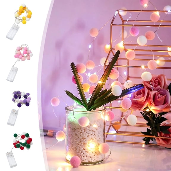 UNLLLL LED Cotton Ball String Lights, 78.74 Ins 20 Handmade Yarn Balls Fairy Lights, Battery Powered Warm Glow Lights, for Bedroom Wedding Party Holiday Decoration (Pink)