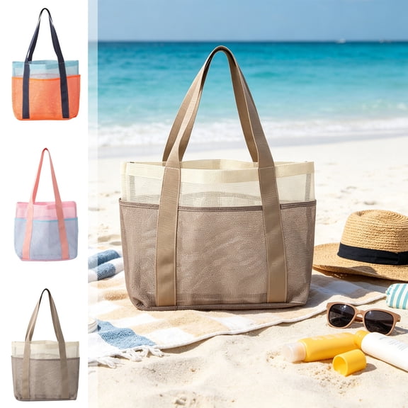 UNLLLL Medium Mesh Beach Bag, Foldable Shopping Tote with Wide Handle, Lightweight Polyester Storage Bag, for Beach and Shopping, Compact Carry (Orange)