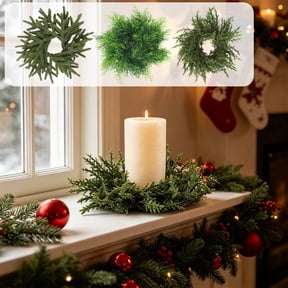 UNLLLL Mini Candle Ring Wreath, Artificial Greenery Christmas Table Centerpiece, Plastic Garland for Candles 3 to 4 Inch, for Mantel Shelf and Holiday Table Decor, A