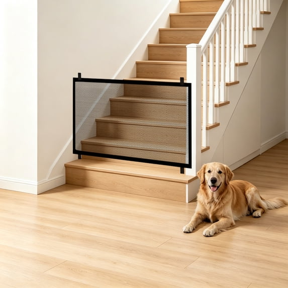 UNLLLL No Drill Retractable Pet Gate with Mesh Barrier, Adjustable Doorway Partition for Stairs and Hallway, for Cats and Dogs (Black, S)