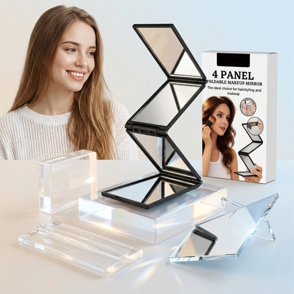 UNLLLL Portable 4 Fold Makeup Mirror with LED Lights, Multi Angle Adjustable Vanity Mirror, Compact Travel Mirror for Detailed Makeup and Grooming