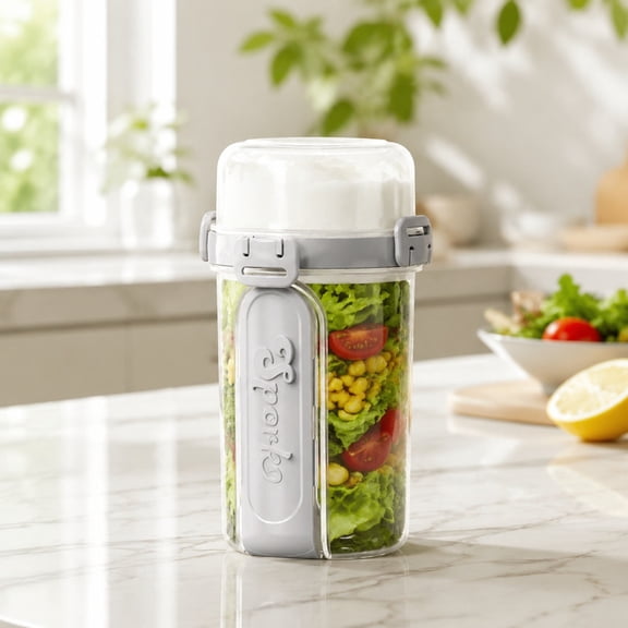 UNLLLL Portable Breakfast Salad Cup with Spork, 2 Tier Yogurt Container, Meal Prep Travel Cup, Storage Fruit Veggies Yogurt Snacks, for Work Picnic Camping (Gray)