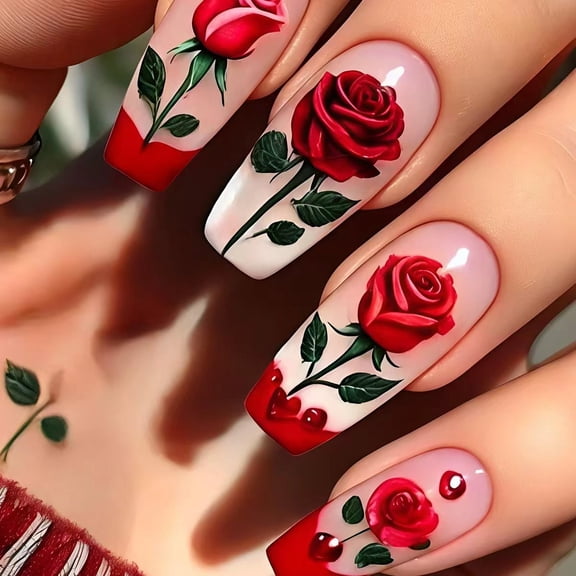 UNLLLL Romantic Red Big Rose Press on Nails, White Gradient Fake Nails with 3D Rose Design, Long Almond Shape Reusable Tips, for Parties and Special Occasions (24 Pieces)