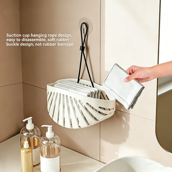 UNLLLL Shell Shaped Hanging Sink Caddy, Suction Cup Kitchen Basket with No Drill Design, Sponge Cloth Towel Organizer, for Faucet Counter Basin Storage