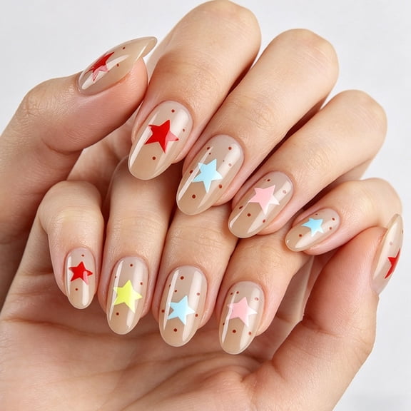 UNLLLL Short Oval Star Press on Nails, Glossy Reusable Artificial Nails with Colorful Star Prints, Multi Size Set, for Casual Daily Wear and Simple Style (30 Pieces)