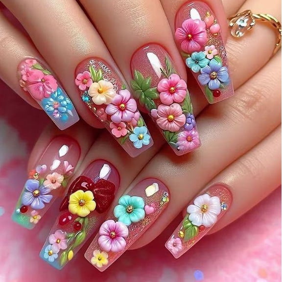 UNLLLL Spring Summer Fresh Flower Press on Nails, Long Trapezoidal Glossy False Nails with Floral Hand Painted Design, Reusable, for Youthful Daily Wear and Dates (24 Pieces)