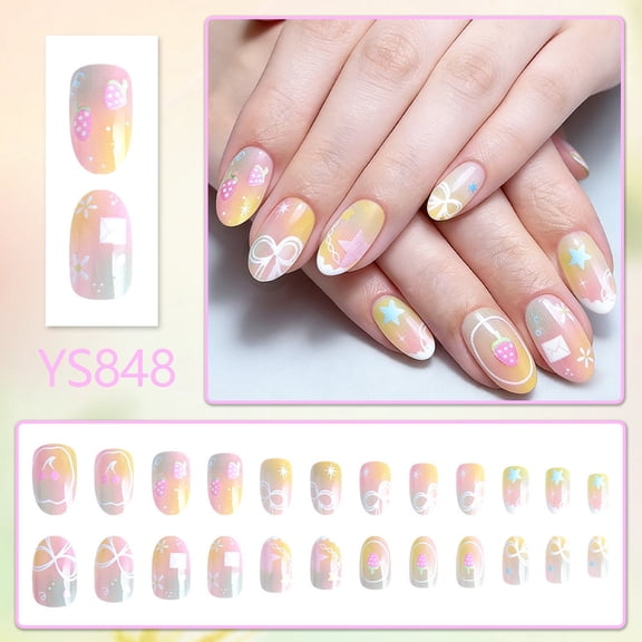 UNLLLL Spring Summer Macaron Color Gradient Press on Nails, Elliptical Shape with Bow and Star Designs, Glossy Reusable False Nails, for Daily Wear and Nail Art (24 Pieces)
