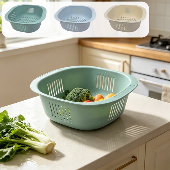 UNLLLL Square Plastic Colander Basket with Strainer Holes, Kitchen Sink Washing Drainage Bowl, for Countertop Storage Serving Rice Vegetables and Fruit (Blue)