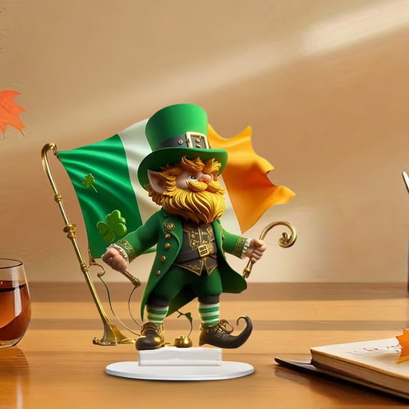 UNLLLL St Patricks Day Leprechaun Figurines Decorations, St. Patricks Clover Acrylic Ornament, Irish Theme Party Decorations, for Spring Home Table Desk Shelf Holiday Decor (Flag Spirit)