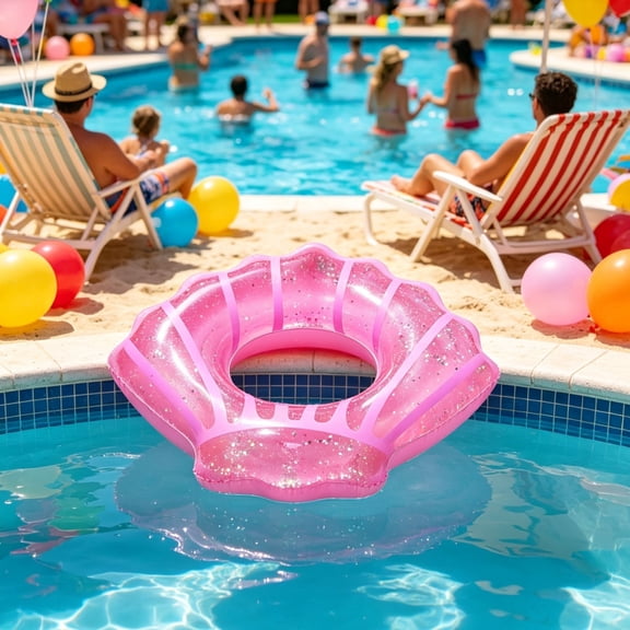 UNLLLL Summer Glitter Scallop Pool Float, Inflatable Seashell Shaped Swimming Tube with Sparkly Glitter, for Adults Beach Pool Party Water Fun (Pink)