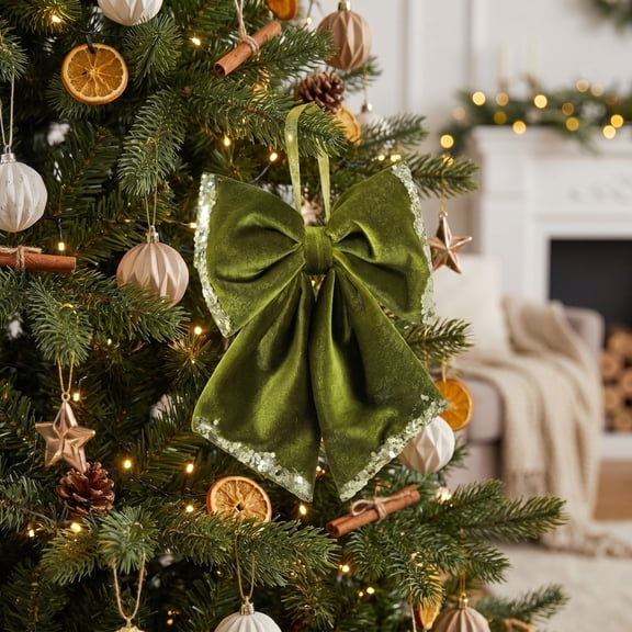 UNLLLL Vintage Green Velvet Bow for Christmas Tree, Premium Flocked Fabric Decorative Bow with Lanyard, Wrinkle Resistant, for Christmas Wreath Gift Wrapping Party Decor (S)