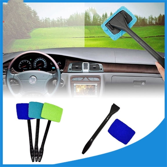 UNLLLL Windshield Cleaning Tool, Car Window Cleaner, Window Defroster Cleaning Brush, Car Wiper Cleaner with Long Handle, Reusable Microfiber Pad, for Car Home Window (Blue)