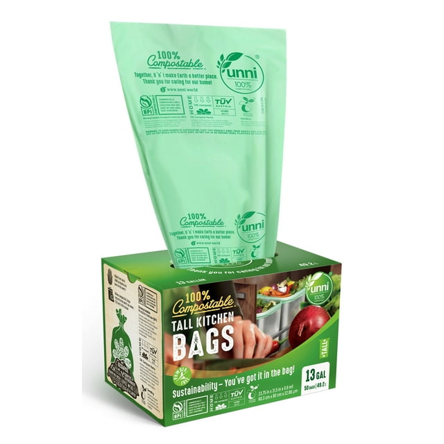 UNNI ASTM D6400 100 Compostable Trash Bags, 13 Gallon, 49.2 Liter, 50