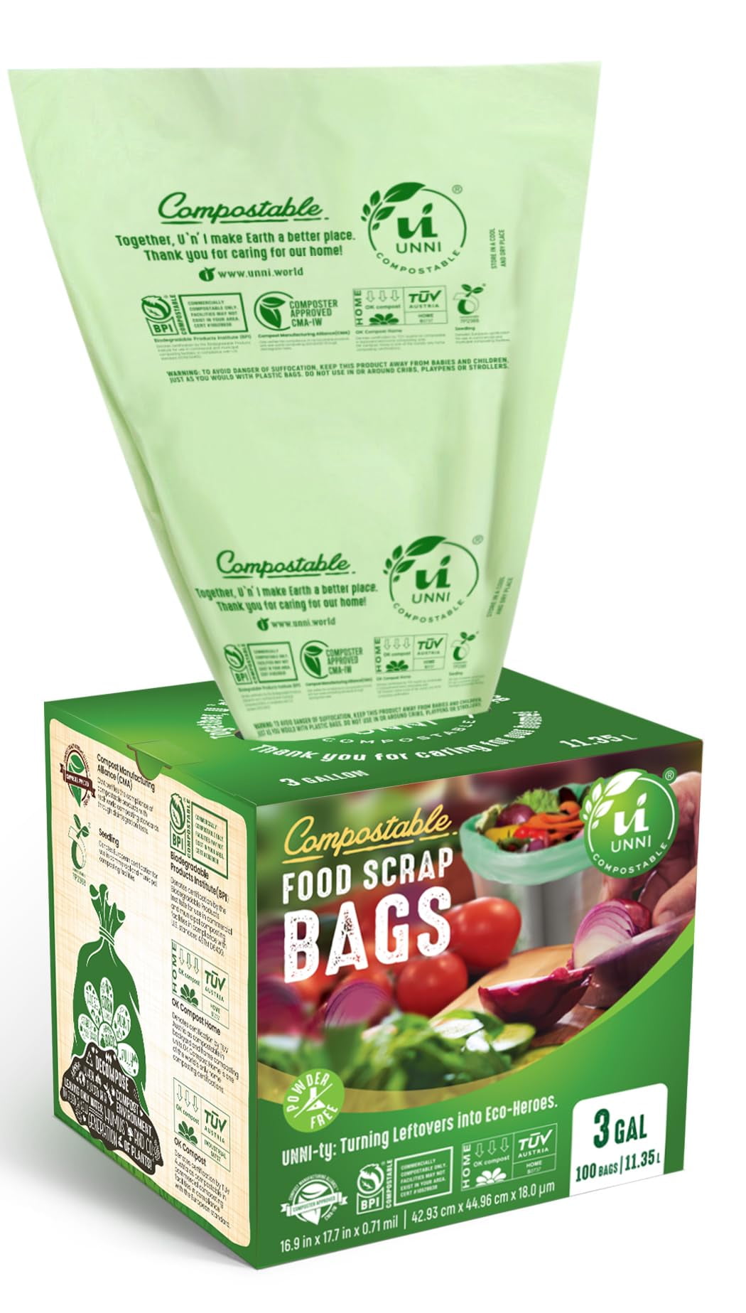 UNNI 3 Gallon Green Compostable Food Scrap Waste Bags