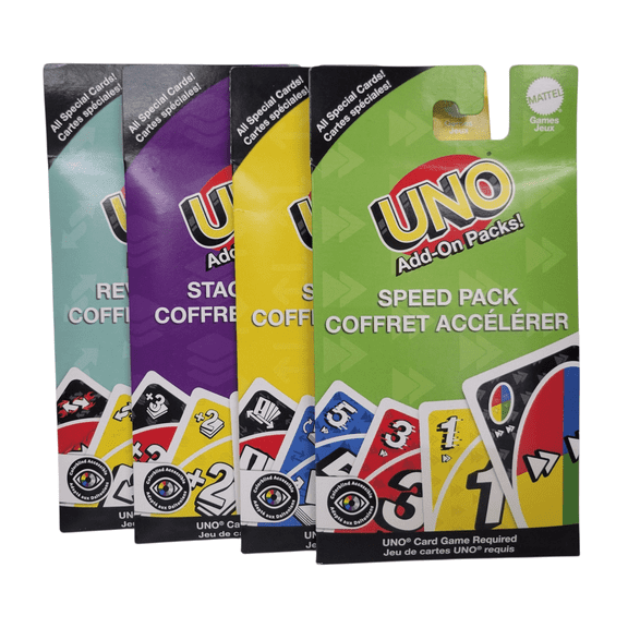UNO 4 Add On Packs Speed, Swap, Stack, and Reverse Sets