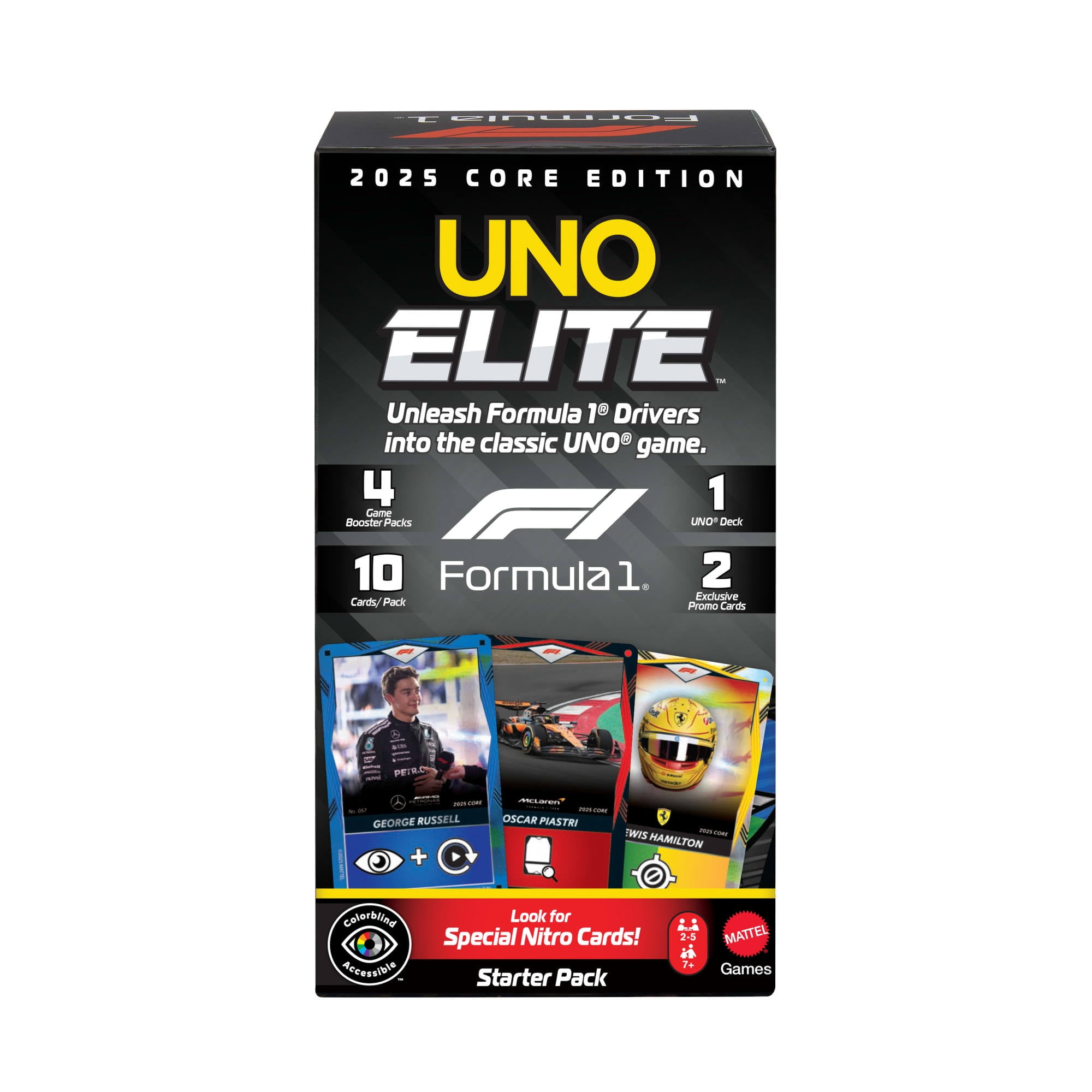UNO Elite Formula 1 2025 Core Edition Starter Pack Card Game with 4 Game Booster Packs & 2 Promo Cards