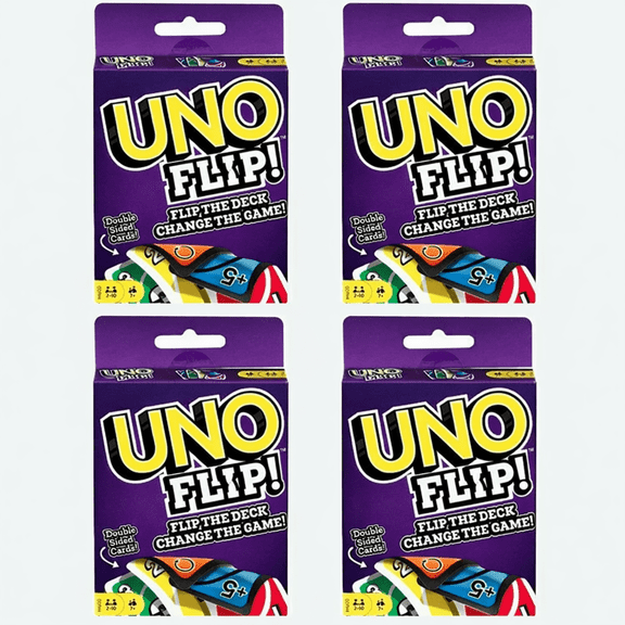 UNO Flip Card Game Pack of Four Featuring Double-Sided Cards for Dynamic Gameplay, Family Fun, Parties, and Game Nights