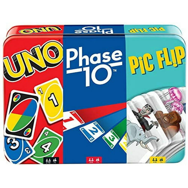 Uno, Phase 10 and Pic Flip Bundle Tin, 3 Mattel Card Games for Players 7 Year Olds & Up, Decorative Storage Tin, Gift for Kid, Family & Adult