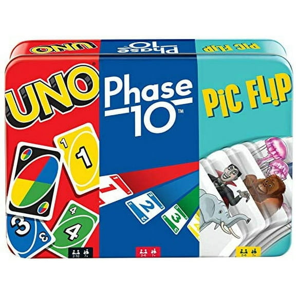 UNO Phase 10 and Pic Flip 3 Mattel Card Game for Players 7 Year Old and Up