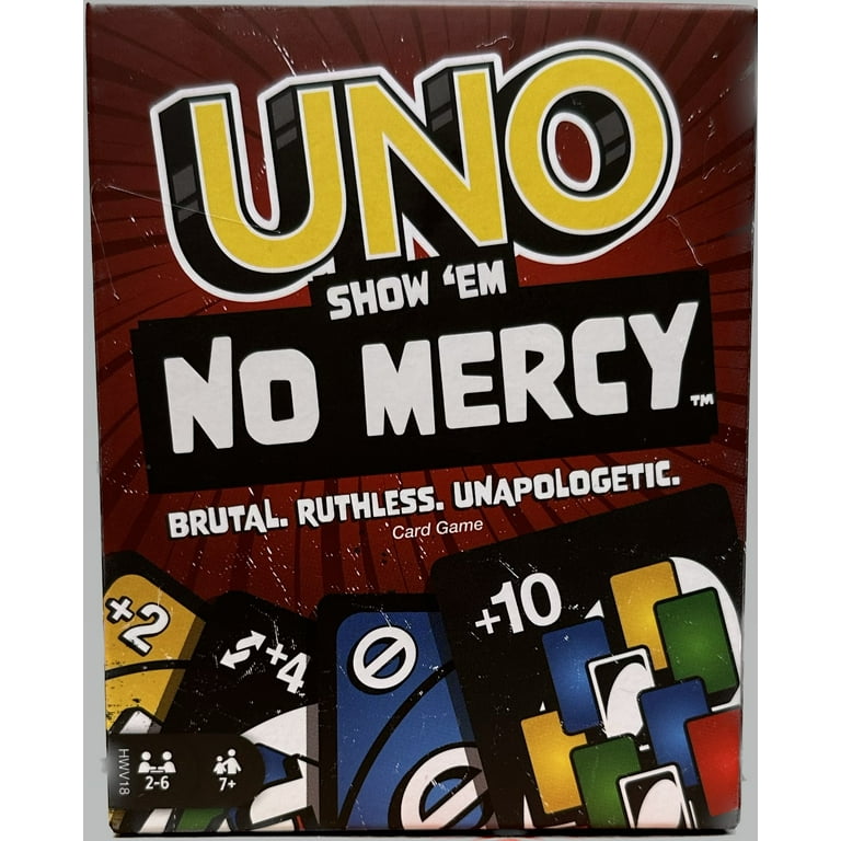 UNO on X: Brutal. Ruthless. Unapologetic. Introducing UNO Show 'Em No Mercy  with tougher rules and stiffer penalties making THIS the most ruthless game  of UNO yet. Get yours now @Walmart.  /
