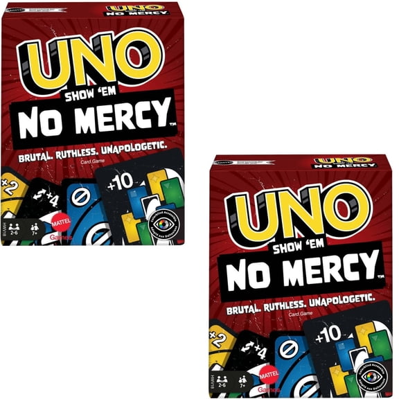 UNO Show Em No Mercy Card Game Set with Extra Cards and Special Rules for Family Game Nights, Pack of 2